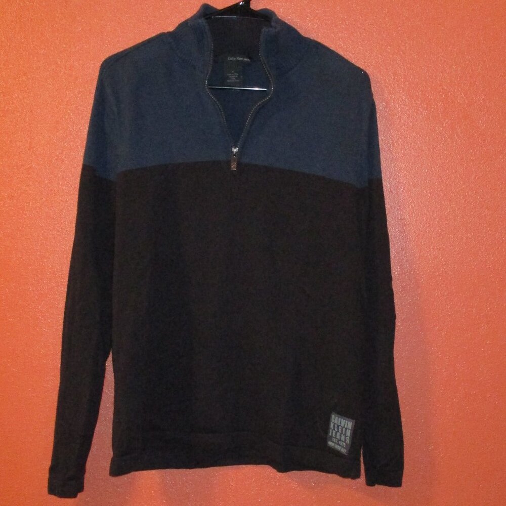 Calvin Klein Sweater Men Medium Black Blue Zip Front Cool Summer Night Sweater